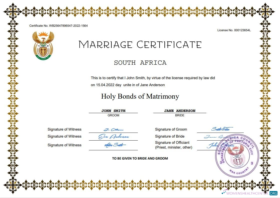 Download South Africa marriage certificate Word and PDF template Photoshop template